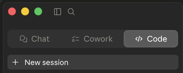 Claude Desktop app: pick the Code tab, then New session